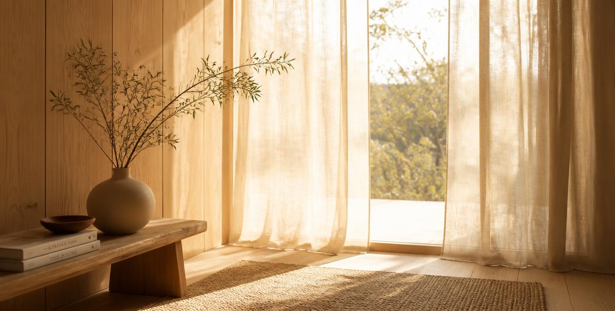 Sunlight streaming through linen curtains into a warm, minimal wood room